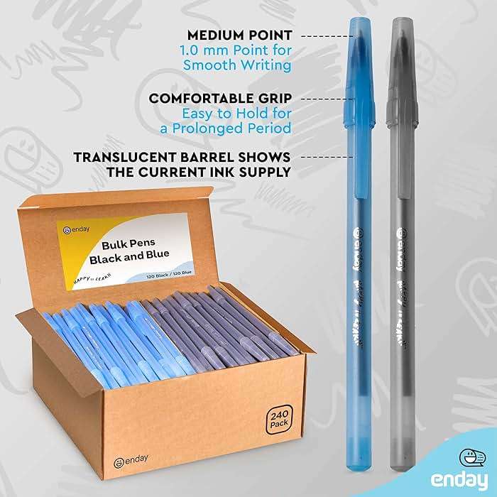 Enday Ballpoint Pens Bulk Blue and Black Pens (240 Pack) 120 Black & 120 Blue - Medium Point (1.0mm) Flexible Round Barrel For Writing Comfort, Pens Bulk for School, Home and Office. - Image 6