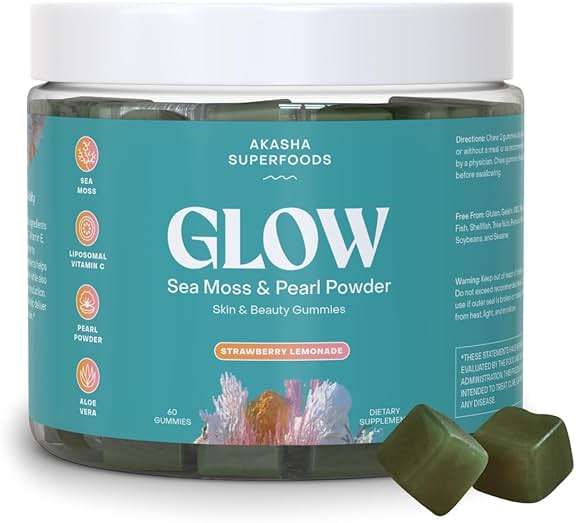 Akasha Superfoods Sea Moss Glow Gummies, Hair, Skin & Nails Vitamins with Seamoss, Pearl Powder, Vitamin E, Aloe Vera, Liposomal Vitamin C, and Irish Sea Moss, Gummies for Women & Men, 60 Count - Image 1