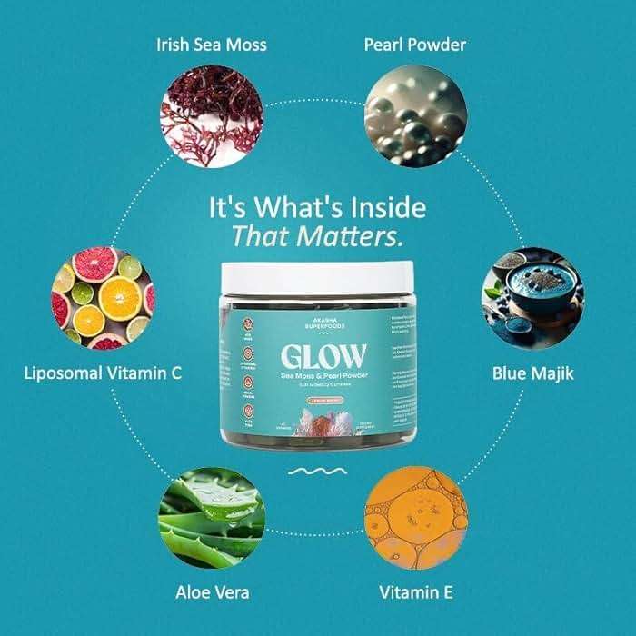 Akasha Superfoods Sea Moss Glow Gummies, Hair, Skin & Nails Vitamins with Seamoss, Pearl Powder, Vitamin E, Aloe Vera, Liposomal Vitamin C, and Irish Sea Moss, Gummies for Women & Men, 60 Count - Image 2