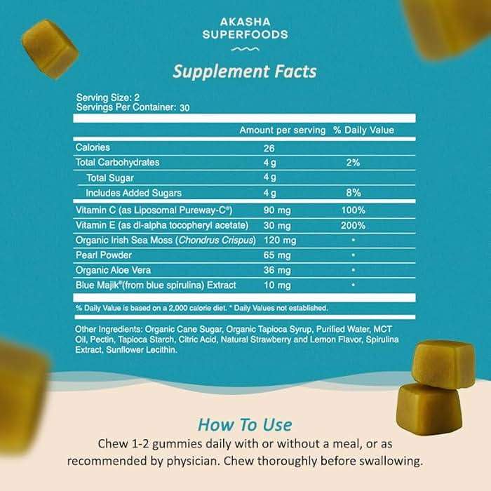 Akasha Superfoods Sea Moss Glow Gummies, Hair, Skin & Nails Vitamins with Seamoss, Pearl Powder, Vitamin E, Aloe Vera, Liposomal Vitamin C, and Irish Sea Moss, Gummies for Women & Men, 60 Count - Image 5