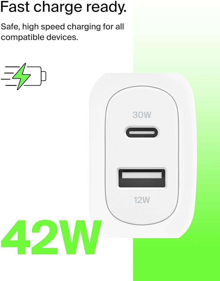 Belkin Dual Port Charger Block 42W, USB-C + USB-A Charger - Super Fast Charging - Samsung Galaxy S25, Apple iPhone 17, Air, Pro, Pro Max, iPad, MacBook, Google Pixel, Nintendo Switch 2 & More - White - Image 2