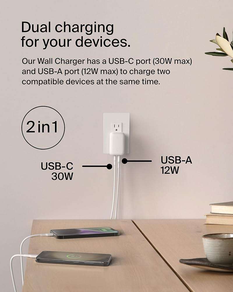 Belkin Dual Port Charger Block 42W, USB-C + USB-A Charger - Super Fast Charging - Samsung Galaxy S25, Apple iPhone 17, Air, Pro, Pro Max, iPad, MacBook, Google Pixel, Nintendo Switch 2 & More - White - Image 3