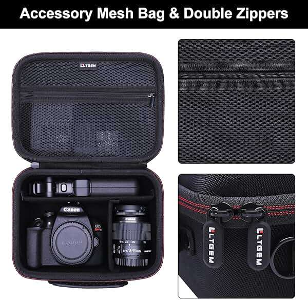 Camera Case Compatible with Canon EOS Rebel T7/R50/R6 Mark II/R100/R50 V/T6/R8/R10/R5 Mark II/RP/R7/5D Mark IV/SL3/R5/T100 DSLR SLR Camera, Len and Tripod with 4 Dividers and Shoulder Strap, Black - Image 4