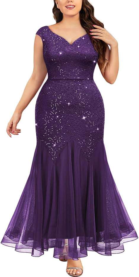 Miusol Women's Plus Size Sleeveless Sequins Lace V-Neck Tulle Mermaid Hem Formal Gown Dress - Image 1