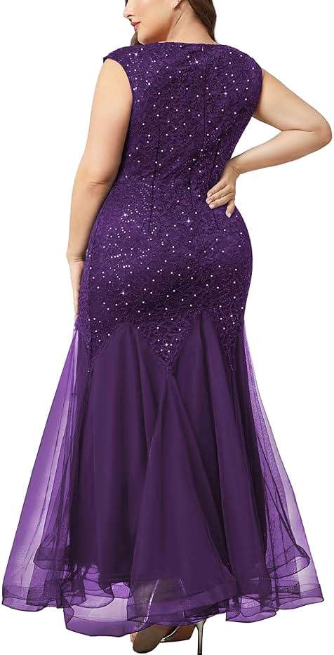 Miusol Women's Plus Size Sleeveless Sequins Lace V-Neck Tulle Mermaid Hem Formal Gown Dress - Image 2