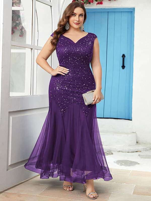 Miusol Women's Plus Size Sleeveless Sequins Lace V-Neck Tulle Mermaid Hem Formal Gown Dress - Image 3