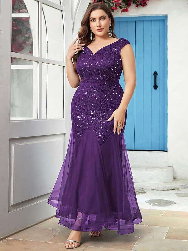 Miusol Women's Plus Size Sleeveless Sequins Lace V-Neck Tulle Mermaid Hem Formal Gown Dress - Image 4