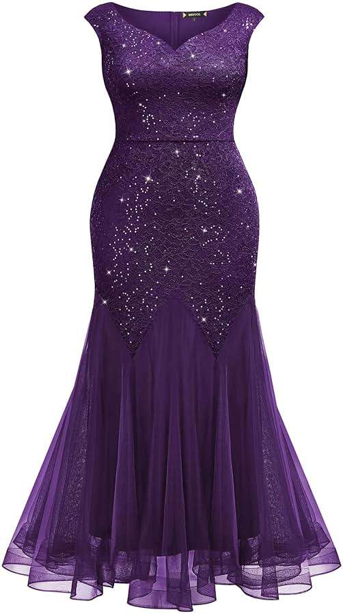 Miusol Women's Plus Size Sleeveless Sequins Lace V-Neck Tulle Mermaid Hem Formal Gown Dress - Image 5