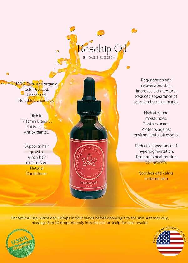 Oasis Blossom Rosehip Oil for Face, Skin & Hair| 100% Pure Certified USDA Organic | Cold Pressed Unrefined Rosehip Oil | Hydrating, Moisturizing, Nourishing, Anti-Aging | 2 Fl Oz. - Image 3