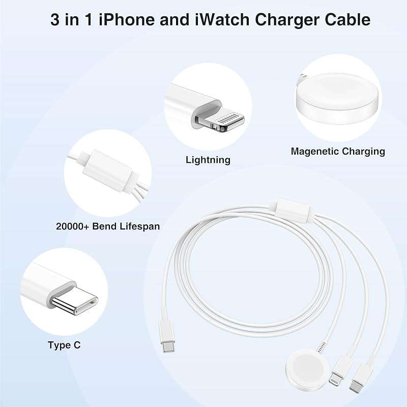 QZIIW Apple Watch Charger,Apple iWatch Magnetic Fast Charger to USB C Cable,3 in 1 Multi Charging Cable 6 FT Compatible with Watch Series Ultra 3/2/SE/11/10/9/8/7/6/5/4/3/2/1,iPhone 17/16/15/14/13/12 - Image 3
