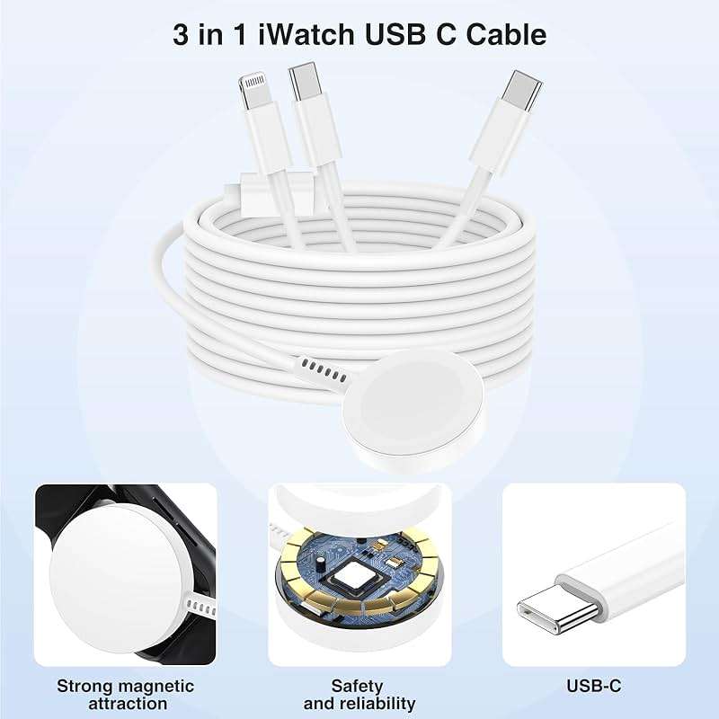 QZIIW Apple Watch Charger,Apple iWatch Magnetic Fast Charger to USB C Cable,3 in 1 Multi Charging Cable 6 FT Compatible with Watch Series Ultra 3/2/SE/11/10/9/8/7/6/5/4/3/2/1,iPhone 17/16/15/14/13/12 - Image 5