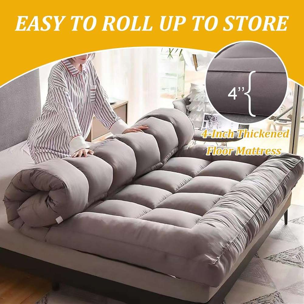 SUZEPER Japanese Floor Mattress Futon Mattress,High Support Foam Foldable Roll Up Shikibuton Tatami Mat 4" Thicken Sleeping Pad for House Guest Camping Travel Couch(King, Gray) - Image 4