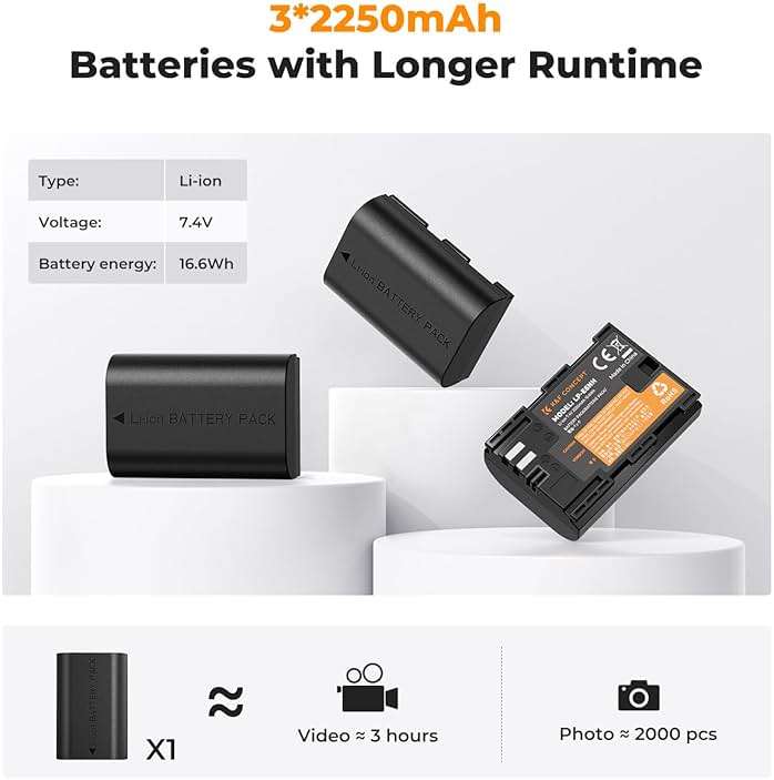 K&F CONCEPT 3-Pack LP-E6NH Battery and Triple Slot Charger Compatible with Canon EOS R7, R6, R5, R, 6D Mark II, 5D Mark IV, 5D Mark III, 5DS, 5DS R, 5D Mark II, 80D, 90D, 6D, 7D, 7D Mark II, 2250mAh - Image 2