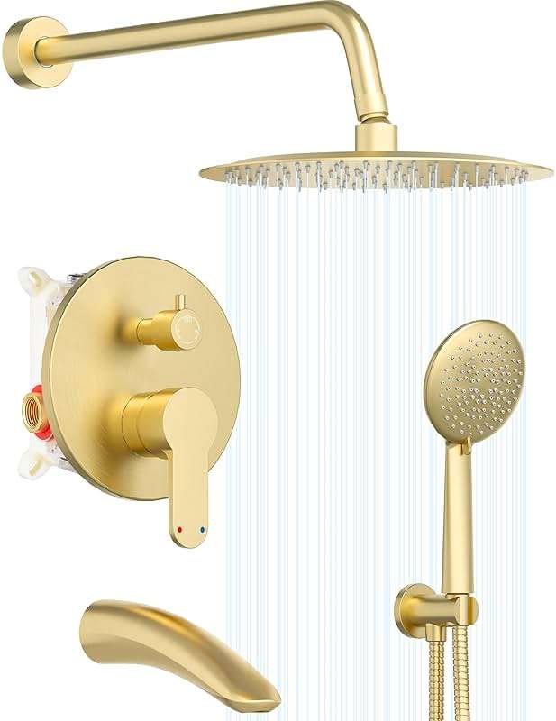 Gabrylly Shower System with Tub Spout, Bathtub Shower Faucet Set with 10" Rain Shower head and 5-Setting Handheld Shower, Wall Mounted Shower Fixtures with Pressure Balance Shower Valve, Brushed Gold - Image 1