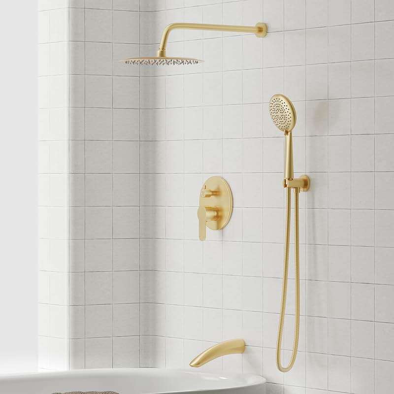 Gabrylly Shower System with Tub Spout, Bathtub Shower Faucet Set with 10" Rain Shower head and 5-Setting Handheld Shower, Wall Mounted Shower Fixtures with Pressure Balance Shower Valve, Brushed Gold - Image 2