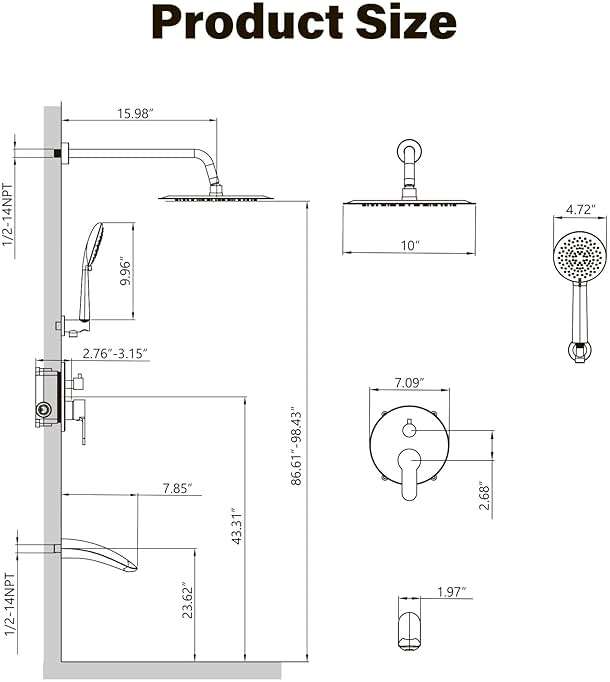 Gabrylly Shower System with Tub Spout, Bathtub Shower Faucet Set with 10" Rain Shower head and 5-Setting Handheld Shower, Wall Mounted Shower Fixtures with Pressure Balance Shower Valve, Brushed Gold - Image 3