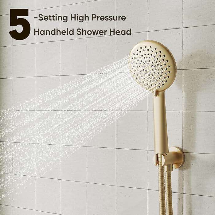 Gabrylly Shower System with Tub Spout, Bathtub Shower Faucet Set with 10" Rain Shower head and 5-Setting Handheld Shower, Wall Mounted Shower Fixtures with Pressure Balance Shower Valve, Brushed Gold - Image 7