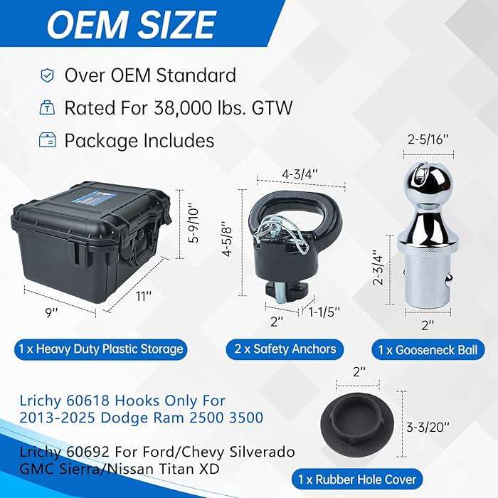 Lrichy 60618 Upgraded 38k Puck System Gooseneck Hitch Ball Kit with Case Compatible with 2013-2026 Dodge Ram 2500 3500, 2-5/16 in Hitch Ball for Truck Bed with 2 Gooseneck Safety Chain Anchors - Image 2