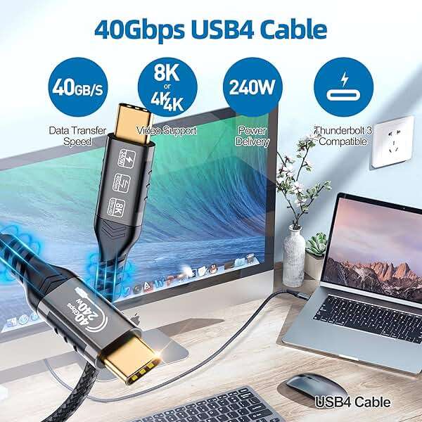USB 4 Cable 3.3 ft, Supports 8K HD Display, 40 Gbps Data Transfer, 240W Charging USB C to USB C Cable, Compatible with Thunderbolt 4/3, Type-C Laptop, Hub, Docking, and More - Image 3