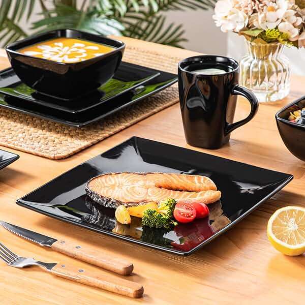 vancasso Soho Dinnerware Sets 24 Pieces, Black Stoneware Square Place Setting, Dinner Plate, Cups and Plates Sets for Kitchen, Dish Set for 6 - Image 2