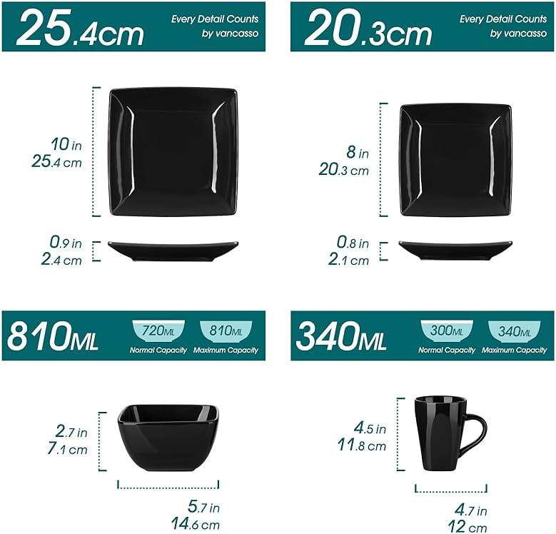 vancasso Soho Dinnerware Sets 24 Pieces, Black Stoneware Square Place Setting, Dinner Plate, Cups and Plates Sets for Kitchen, Dish Set for 6 - Image 3