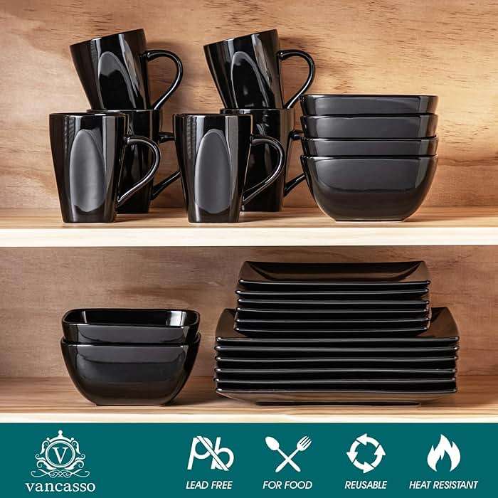 vancasso Soho Dinnerware Sets 24 Pieces, Black Stoneware Square Place Setting, Dinner Plate, Cups and Plates Sets for Kitchen, Dish Set for 6 - Image 4