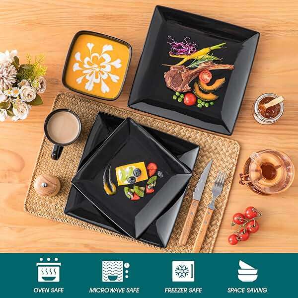 vancasso Soho Dinnerware Sets 24 Pieces, Black Stoneware Square Place Setting, Dinner Plate, Cups and Plates Sets for Kitchen, Dish Set for 6 - Image 5