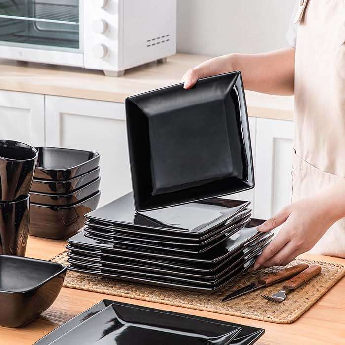 vancasso Soho Dinnerware Sets 24 Pieces, Black Stoneware Square Place Setting, Dinner Plate, Cups and Plates Sets for Kitchen, Dish Set for 6 - Image 9