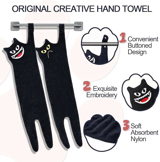GKIOYRO Cute Hand Towels - Funny Super Absorbent Dish Towels, Decorative Cat Shaped Towels for Bathroom, Kitchen, Living Room, Party - Black Cotton - Image 3
