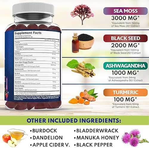 NEW AGE Sea Moss Gummies, Sea Moss, Black Seed, Ashwagandha, Turmeric, Manuka Honey, ACV, Dandelion, Black Pepper, Burdock, Bladderwrack, Vegan - 120 Count - Image 3