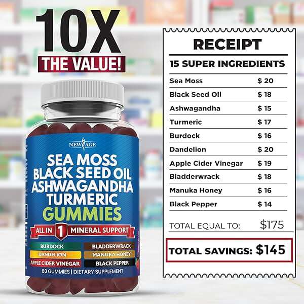 NEW AGE Sea Moss Gummies, Sea Moss, Black Seed, Ashwagandha, Turmeric, Manuka Honey, ACV, Dandelion, Black Pepper, Burdock, Bladderwrack, Vegan - 120 Count - Image 5