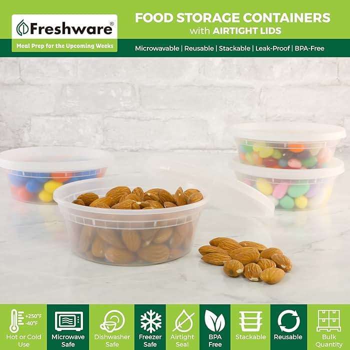 Freshware Food Storage Containers [50 Set] 8 oz Plastic Deli Containers with Lids, Slime, Soup, Meal Prep Containers, BPA Free, Stackable, Leakproof, Microwave, Dishwasher and Freezer Safe - Image 3