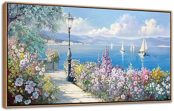 Blue Coastal Wall Art Ocean Canvas Flowers Painting Landscape Sailboat Picture White Yellow Artwork Modern Seascape Large Framed for Living Room Bedroom Home Office Decor Size 20x40 Inches - Image 1