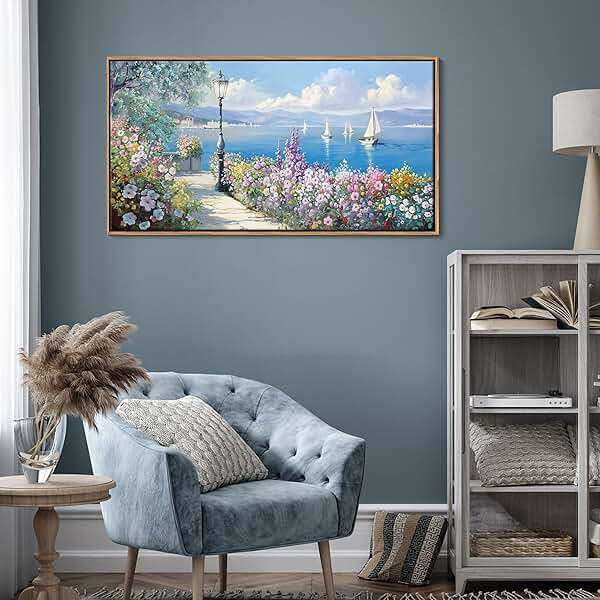 Blue Coastal Wall Art Ocean Canvas Flowers Painting Landscape Sailboat Picture White Yellow Artwork Modern Seascape Large Framed for Living Room Bedroom Home Office Decor Size 20x40 Inches - Image 2