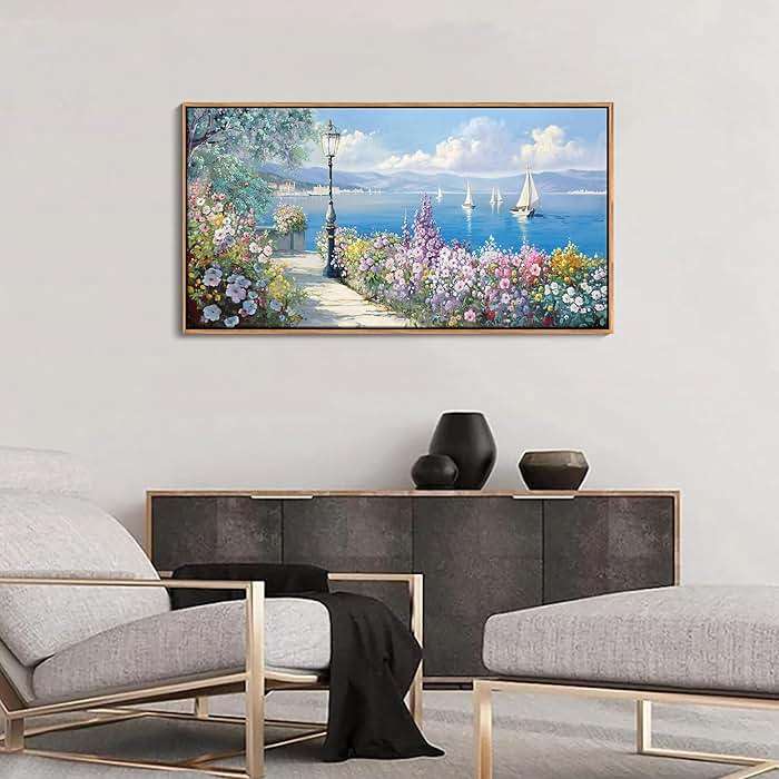 Blue Coastal Wall Art Ocean Canvas Flowers Painting Landscape Sailboat Picture White Yellow Artwork Modern Seascape Large Framed for Living Room Bedroom Home Office Decor Size 20x40 Inches - Image 3