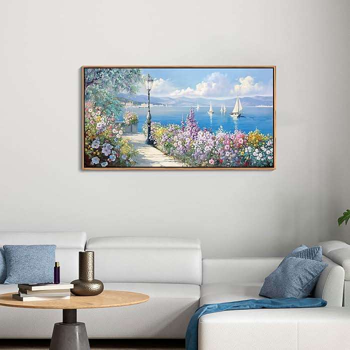 Blue Coastal Wall Art Ocean Canvas Flowers Painting Landscape Sailboat Picture White Yellow Artwork Modern Seascape Large Framed for Living Room Bedroom Home Office Decor Size 20x40 Inches - Image 4