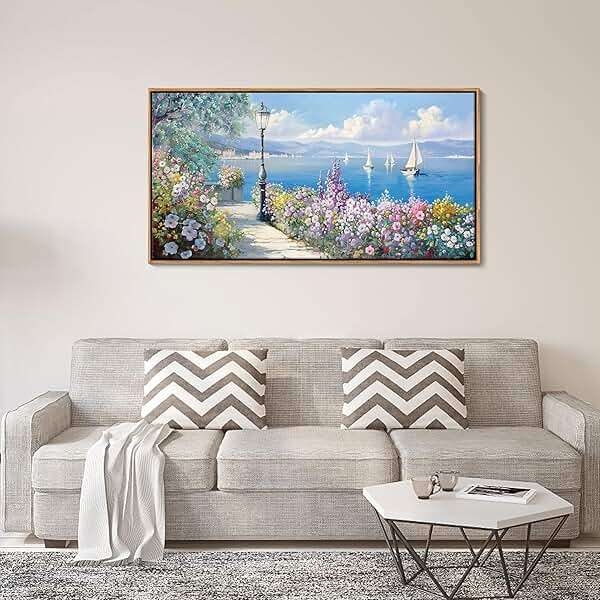 Blue Coastal Wall Art Ocean Canvas Flowers Painting Landscape Sailboat Picture White Yellow Artwork Modern Seascape Large Framed for Living Room Bedroom Home Office Decor Size 20x40 Inches - Image 6
