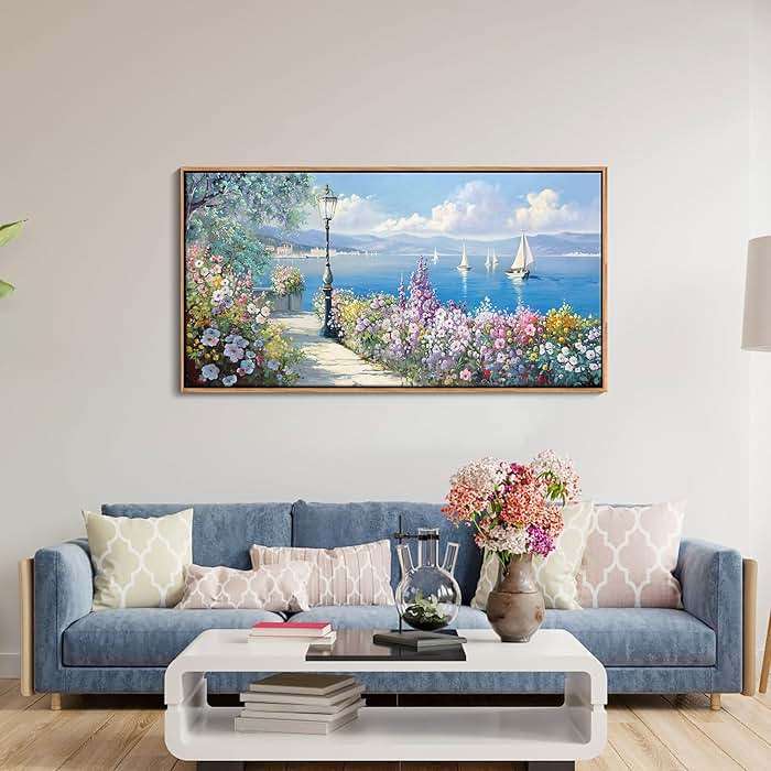 Blue Coastal Wall Art Ocean Canvas Flowers Painting Landscape Sailboat Picture White Yellow Artwork Modern Seascape Large Framed for Living Room Bedroom Home Office Decor Size 20x40 Inches - Image 7