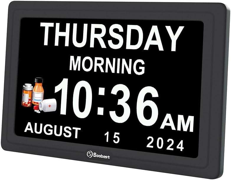 Soobest Dementia Digital Clock for Seniors Elderly, 20 Alarm Reminders 3 Ringtones for Memory Loss Alzheimers, Electric Time Date Day Large Display Calendar Clock, Auto DST, 1024 * 600P HD - Image 1
