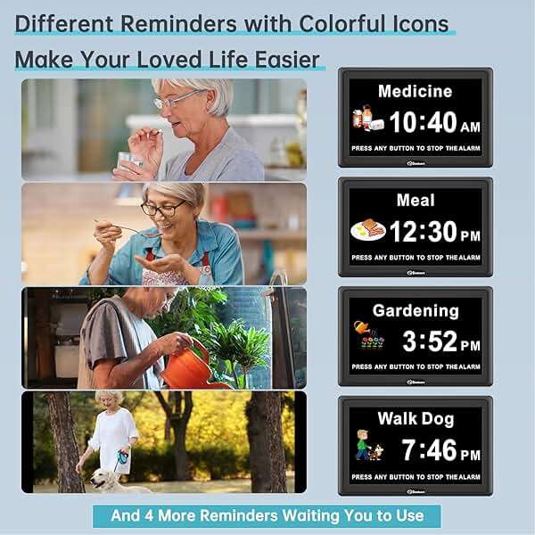 Soobest Dementia Digital Clock for Seniors Elderly, 20 Alarm Reminders 3 Ringtones for Memory Loss Alzheimers, Electric Time Date Day Large Display Calendar Clock, Auto DST, 1024 * 600P HD - Image 3