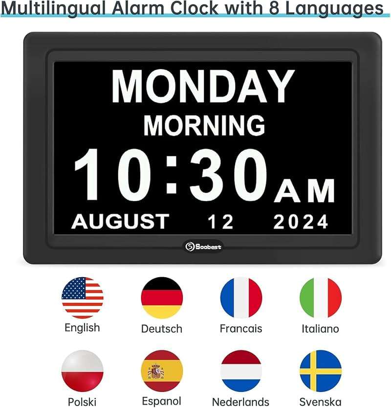 Soobest Dementia Digital Clock for Seniors Elderly, 20 Alarm Reminders 3 Ringtones for Memory Loss Alzheimers, Electric Time Date Day Large Display Calendar Clock, Auto DST, 1024 * 600P HD - Image 7