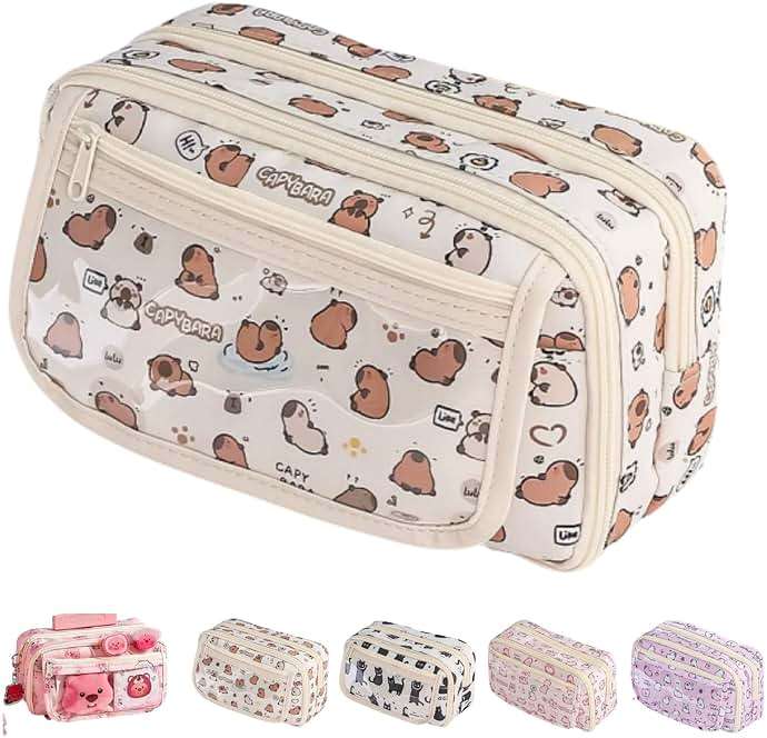 VTYFRY Cute Kawaii Pencil Case Pouch Cartoon Pen Box Holder Organizer for Office Workspace Supplies Desk Accessories Travel Essentials Aesthetic Trendy Cool Stuff Gift Large Capacity (White Kapibala) - Image 1