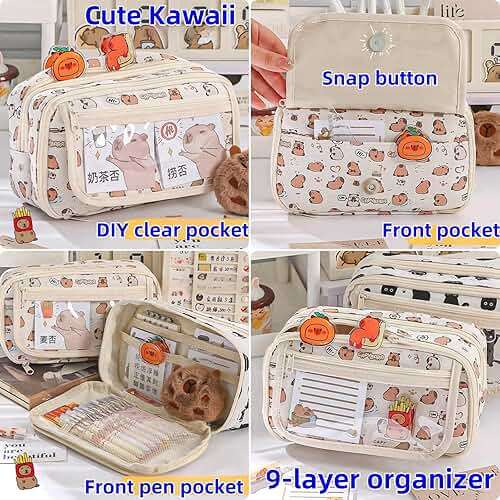 VTYFRY Cute Kawaii Pencil Case Pouch Cartoon Pen Box Holder Organizer for Office Workspace Supplies Desk Accessories Travel Essentials Aesthetic Trendy Cool Stuff Gift Large Capacity (White Kapibala) - Image 6