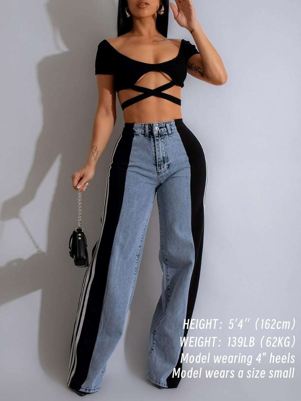 Angsuttc Womens Jeans with Patchwork Stripes High Waisted Stretchy Denim Color Block Straight Wide Leg Trendy Jean - Image 4