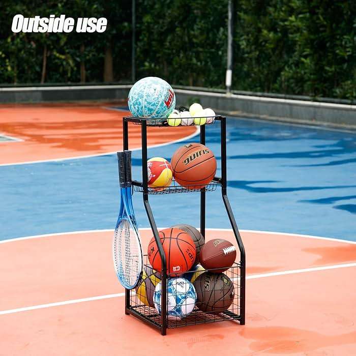 YueTong Sports Equipment Organizer for Garage Organization,Ball Storage With Basketball Holder and Ball Cart Rack,Outdoor Toy Storage with Bin for Nerf Gun,Football,Volleyball Stuf,Gym Accessories - Image 2