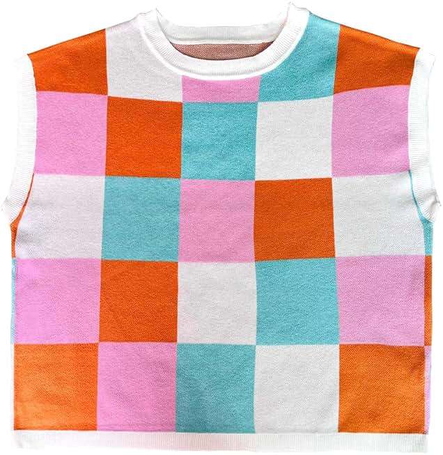 Womens Cute Summer Tops 2026 Short Cap Sleeve Sweater Color Block Trendy Crop Top Knit Vest Checkered Work Shirts Outfits - Image 4