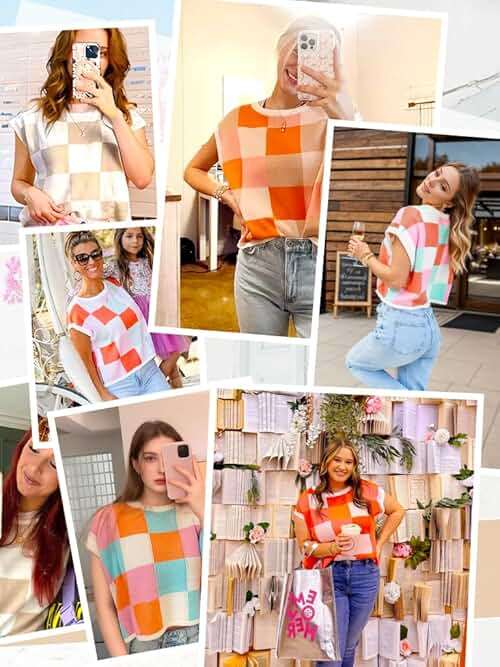 Womens Cute Summer Tops 2026 Short Cap Sleeve Sweater Color Block Trendy Crop Top Knit Vest Checkered Work Shirts Outfits - Image 5