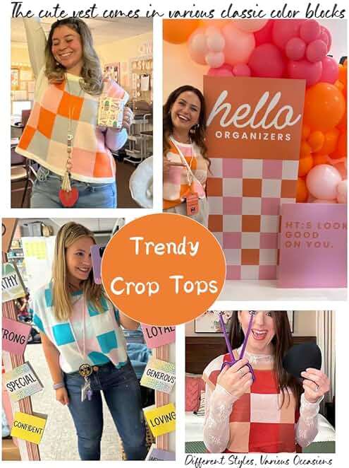 Womens Cute Summer Tops 2026 Short Cap Sleeve Sweater Color Block Trendy Crop Top Knit Vest Checkered Work Shirts Outfits - Image 6