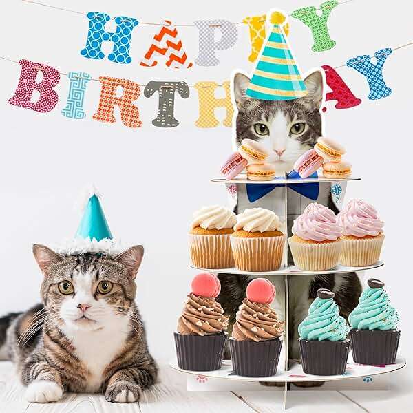Haooryx Cute Cat Cupcake Stand - 3-Tier American Shorthair Cat Cupcake Tower Cardboard Dessert Holder Cake Stand Serving Tray Cat Theme Party Table Decoration Pet Lovers Kids Birthday Party Supplies - Image 2