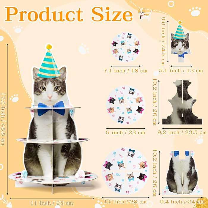 Haooryx Cute Cat Cupcake Stand - 3-Tier American Shorthair Cat Cupcake Tower Cardboard Dessert Holder Cake Stand Serving Tray Cat Theme Party Table Decoration Pet Lovers Kids Birthday Party Supplies - Image 3